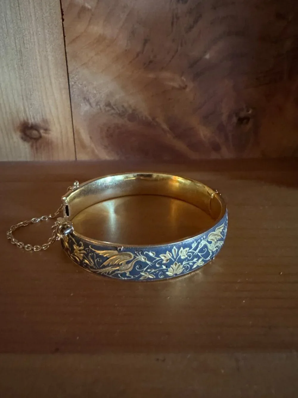 Vintage Damascene Gold Black Hinged Bracelet With Chain Bird-of-paradise